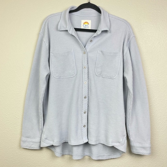 C&C California Women's Large Baby Blue Thermal Button Up Shirt Waffle Knit Butto - Picture 1 of 16
